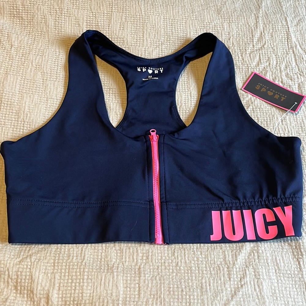 Women’s Juicy Couture Sport Bra Zipper Pink Medium Maritme Blue Zip Front M